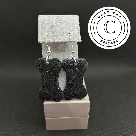 Black Glitter Dog Bone Polymer Clay Earrings