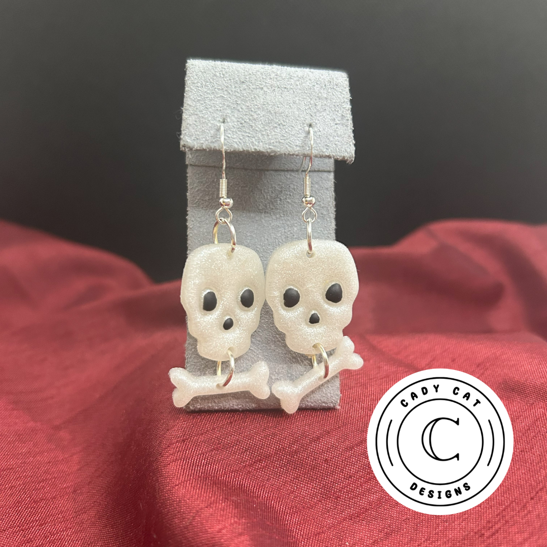 White Shimmer Skeleton Bone Drop Polymer Clay Earrings